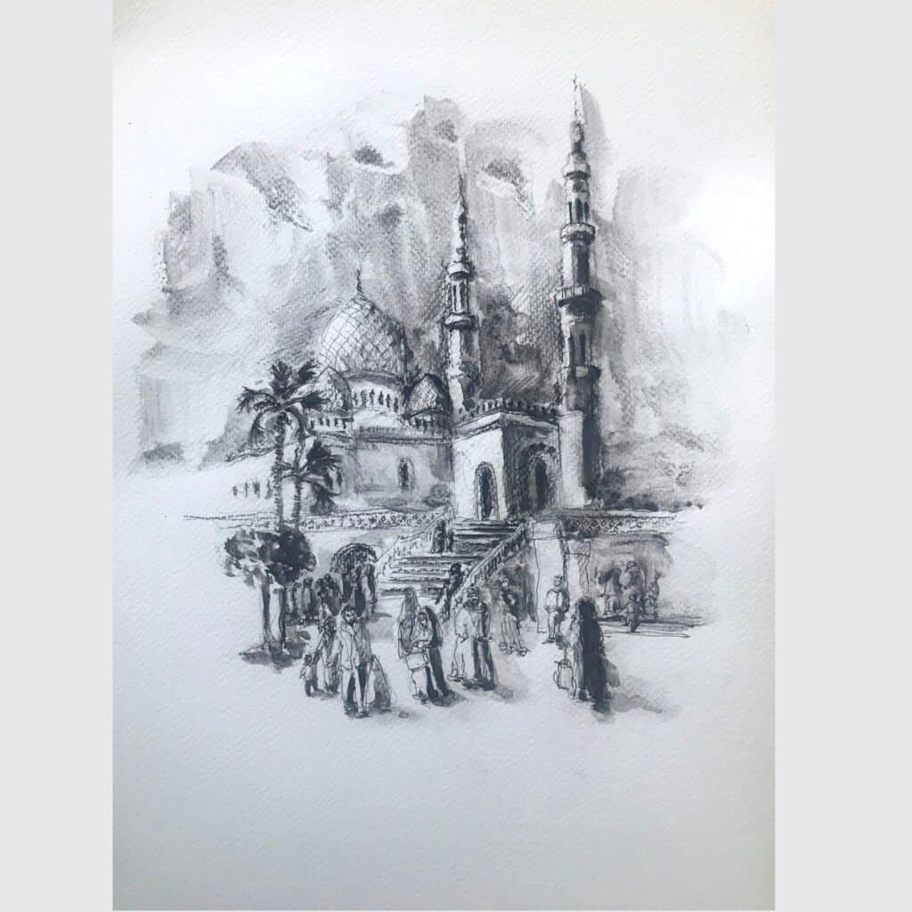 After the Friday prayer, an original watercolour work by Jurga Vilimaite