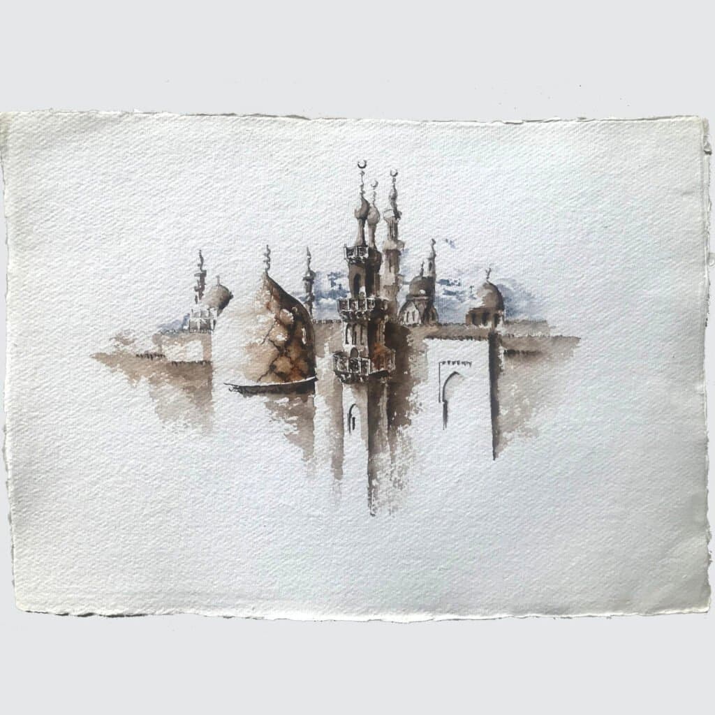 Cairo minarets, an original watercolour work by Jurga Vilimaite
