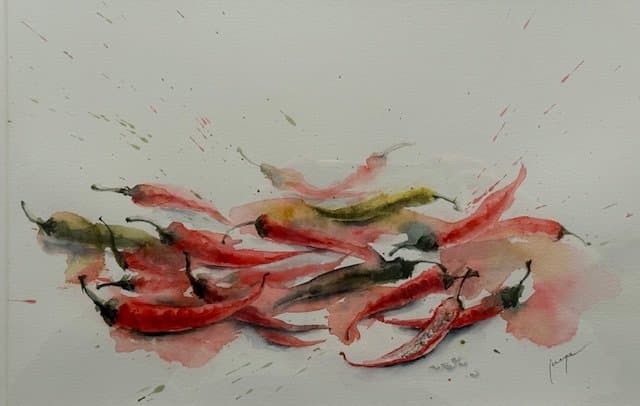 Chilling chillies, an original watercolour work by Jurga Vilimaite