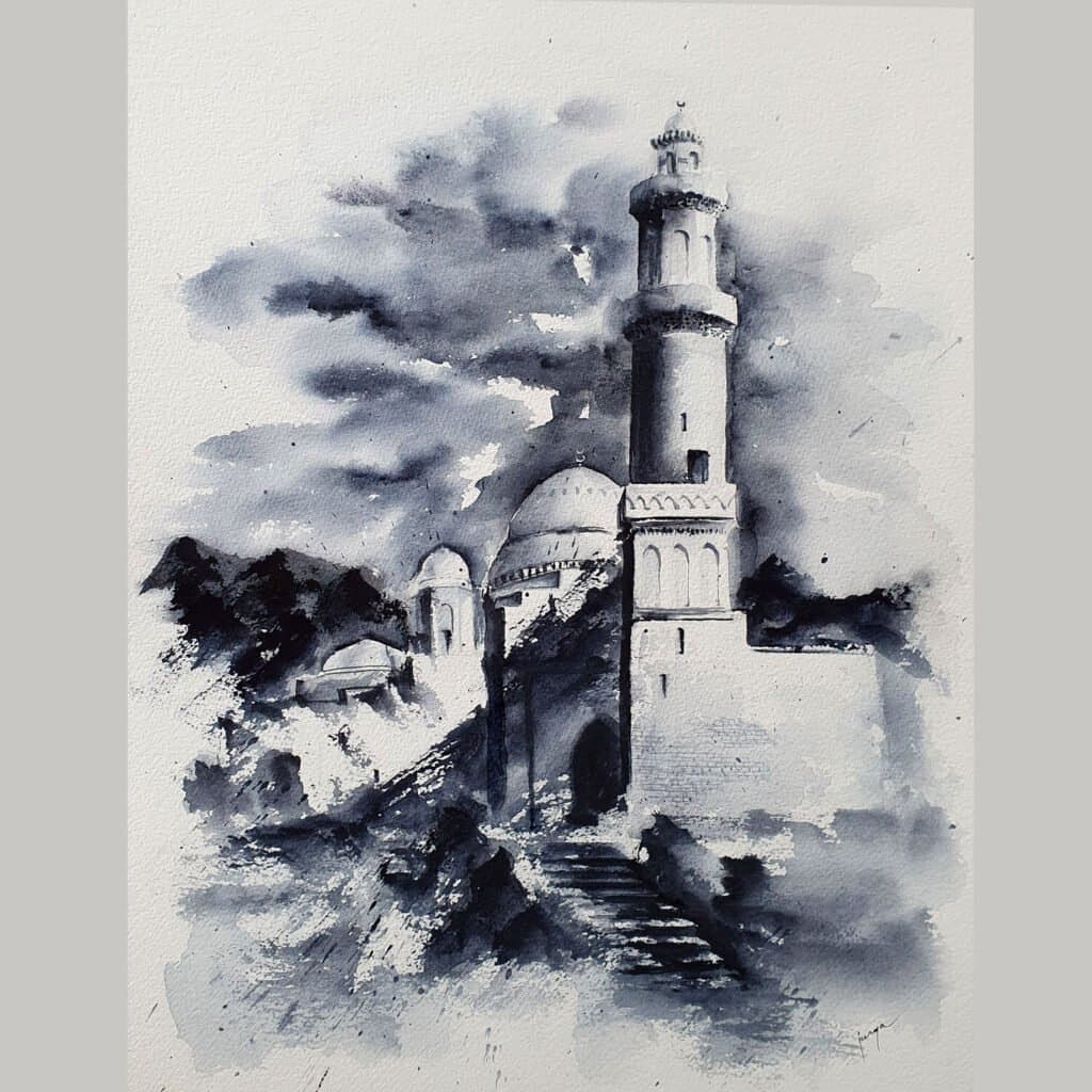 Ibn Alwan mosque, Yemen, an original watercolour work by Jurga Vilimaite
