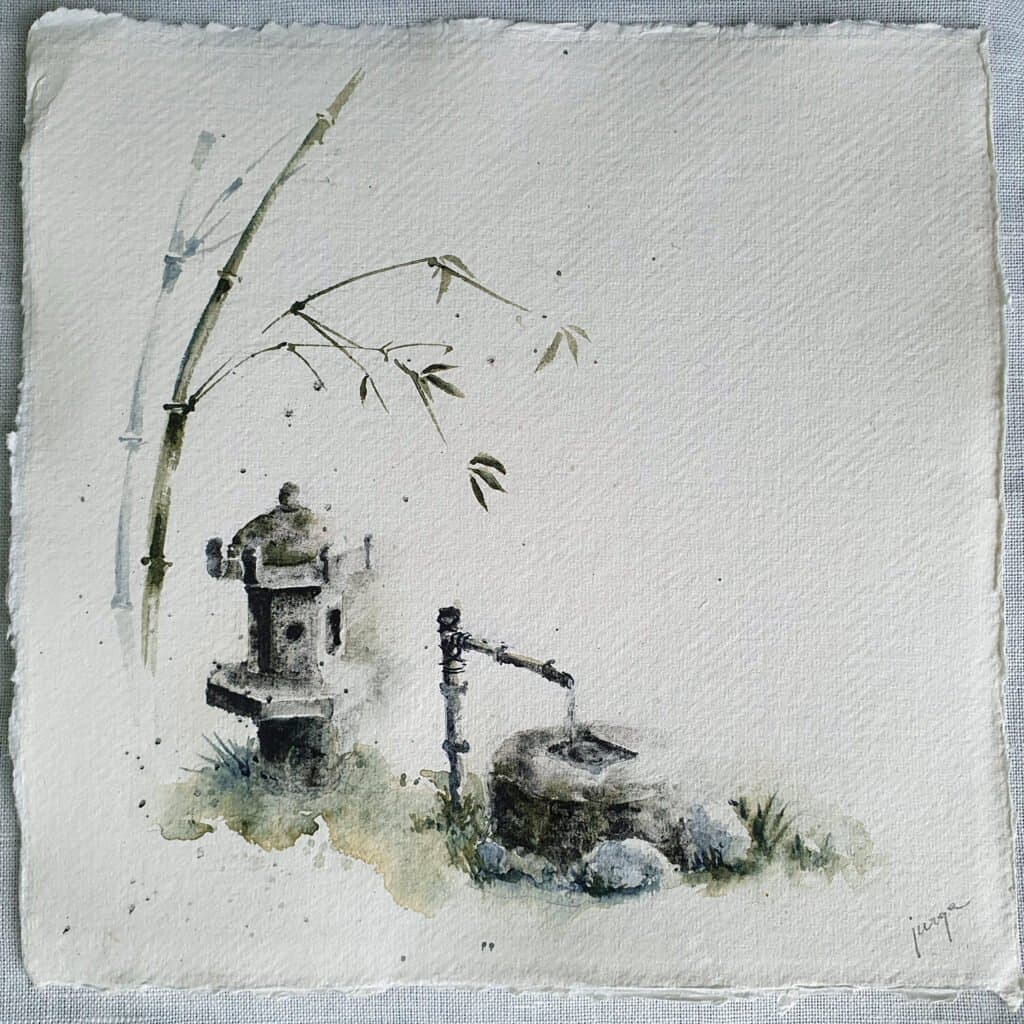 Japanese Garden painting by Jurga Vilimaite with simplified remembered forms