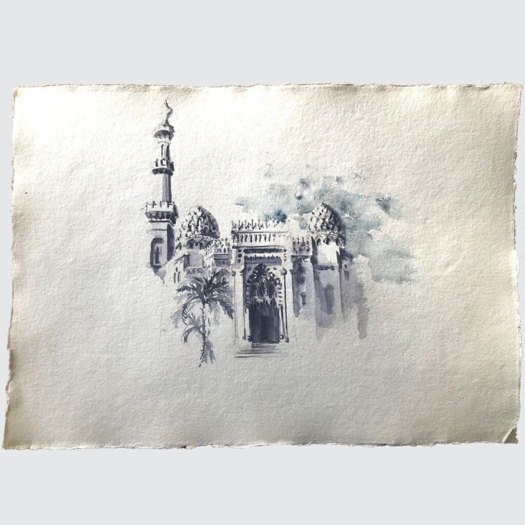 Mosque of Abu al Abbas al Mursi, 13h century, an original watercolour work by Jurga Vilimaite