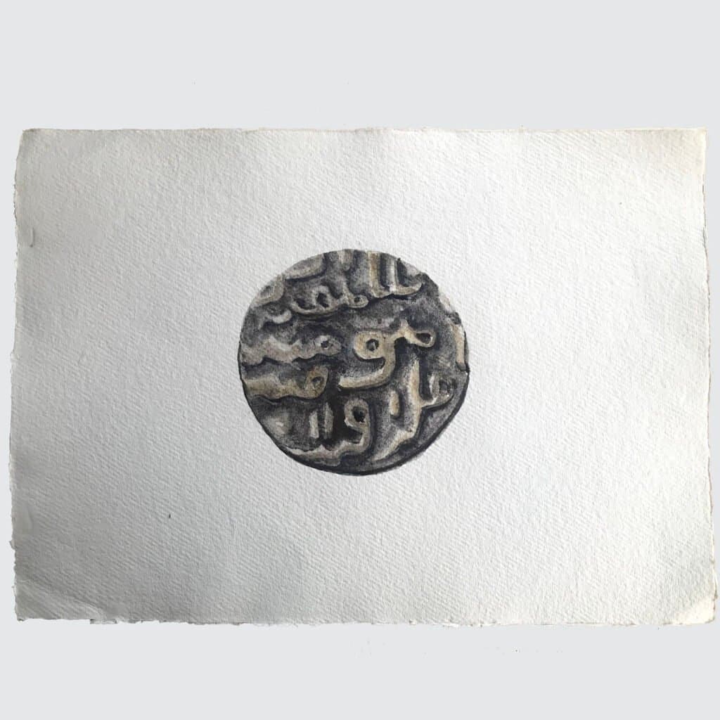 Old Islamic coin, an original watercolour work by Jurga Vilimaite