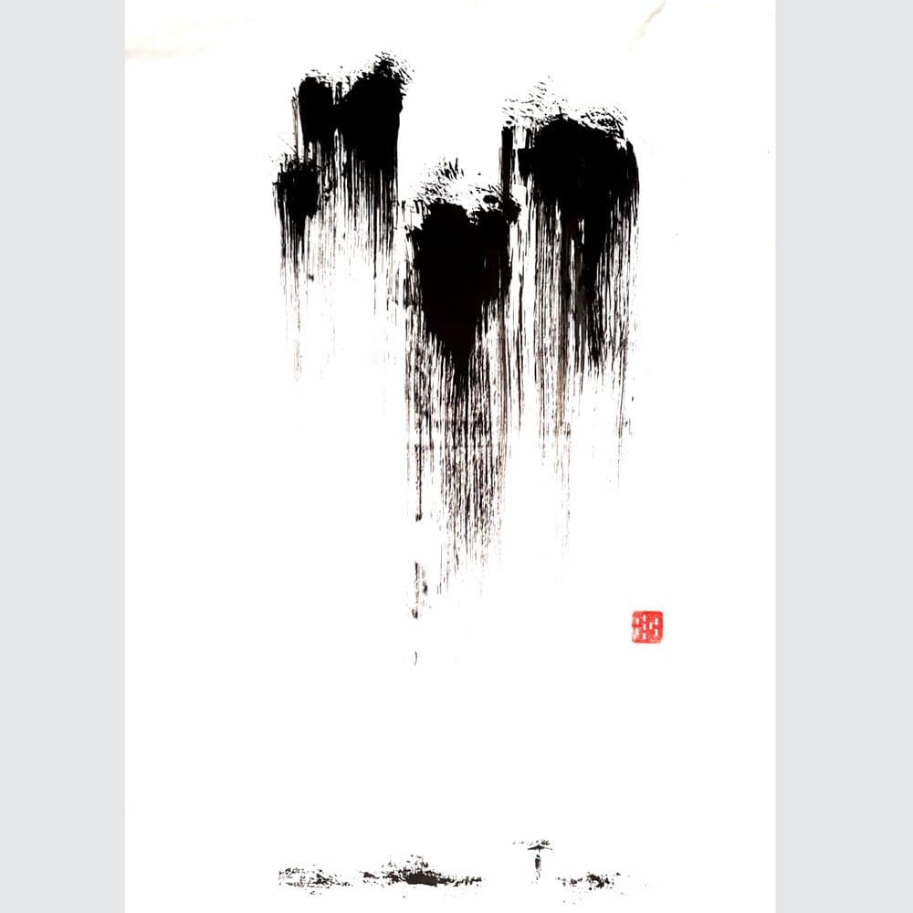 Rain, reflecting in the glass of skyscrapers, an original ink work by Jurga Vilimaite