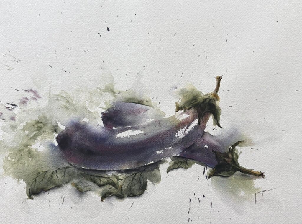 Resting aubergines, an original watercolour work by Jurga Vilimaite