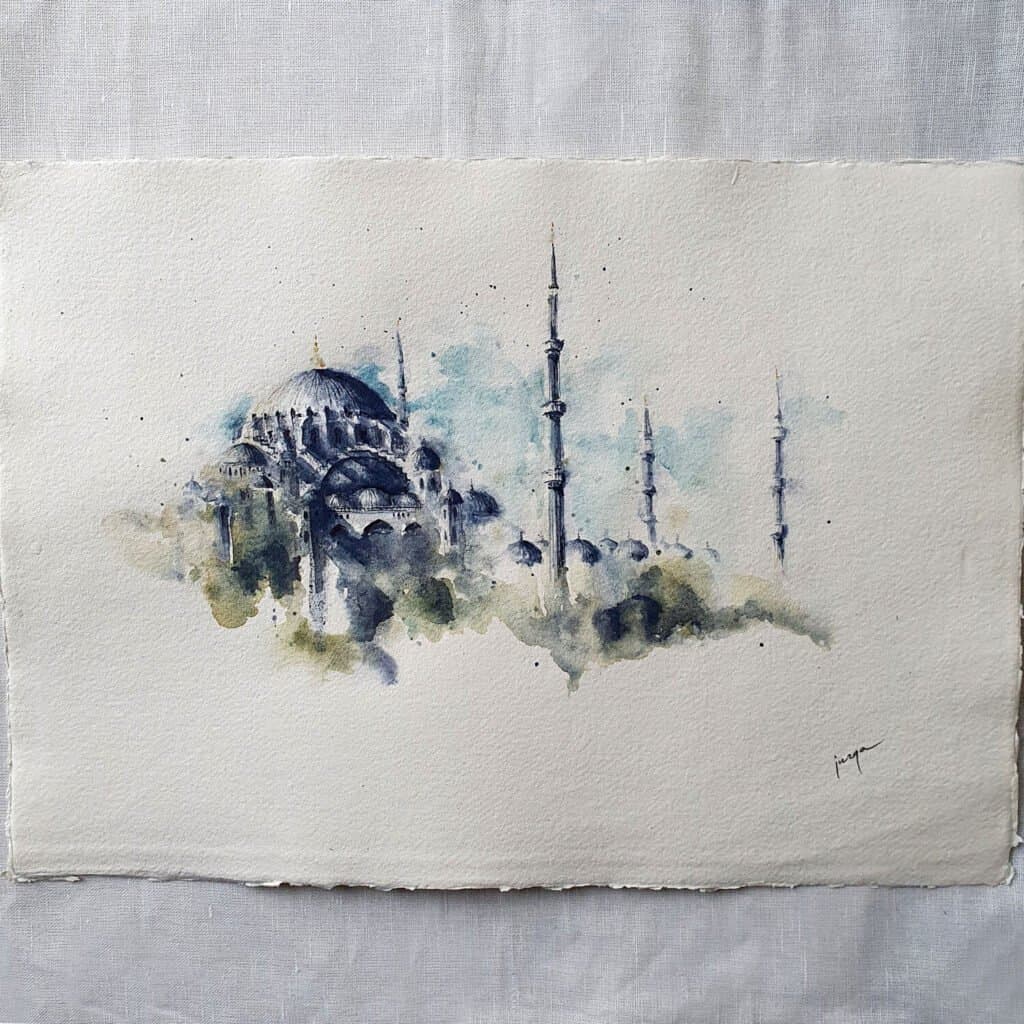 Suleiman the Magnificent mosque, Turkey, an original watercolour work by Jurga Vilimaite