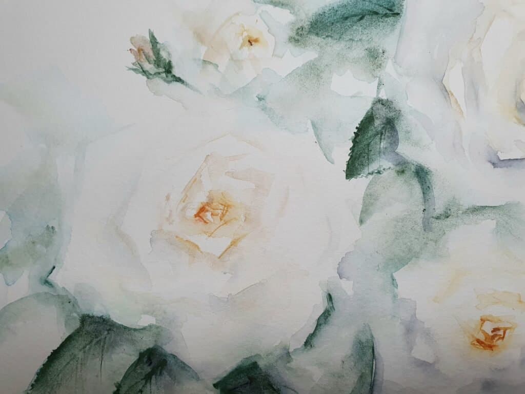 White roses, an original watercolour work by Jurga Vilimaite