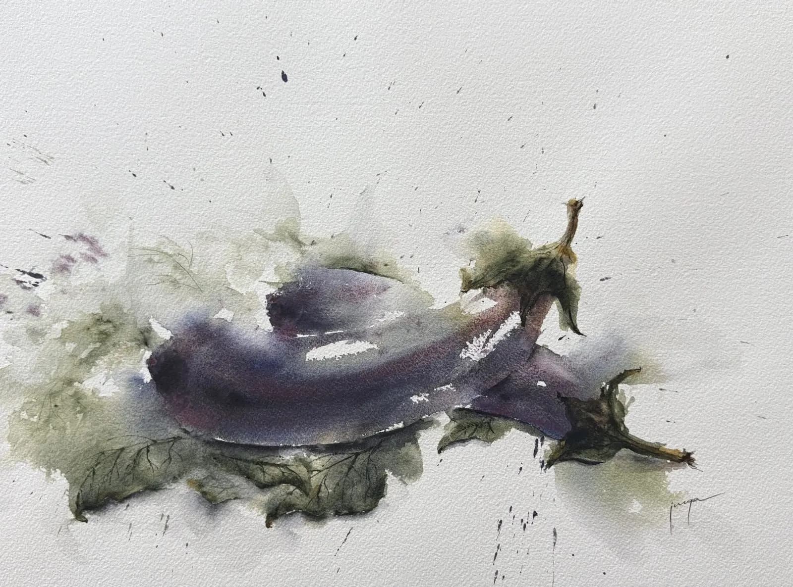 Resting Aubergines watercolour by Jurga Vilimaite showing a restrained warm and cool palette