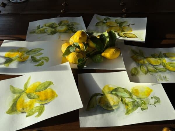Watercolour paints, brushes and paper prepared for a painting class