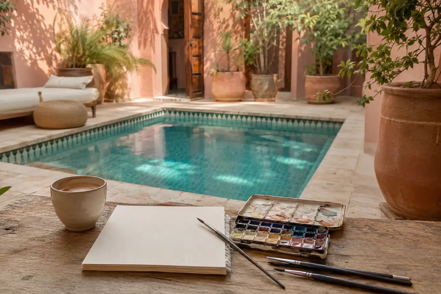 Watercolour materials and coffee beside a quiet Marrakech riad pool