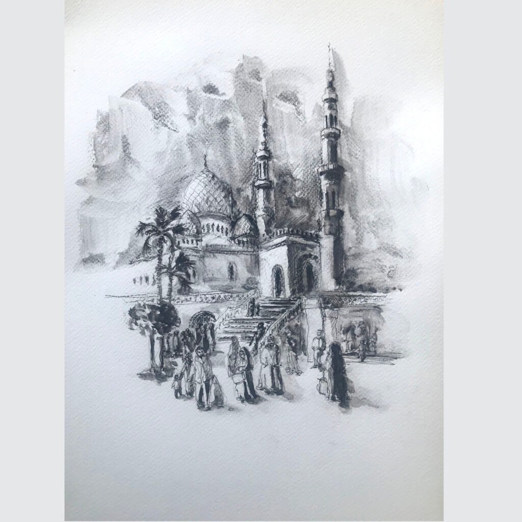 After the Friday prayer, an original watercolour work by Jurga Vilimaite