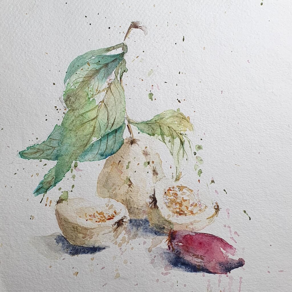 Guavas and the fresh date, an original watercolour work by Jurga Vilimaite