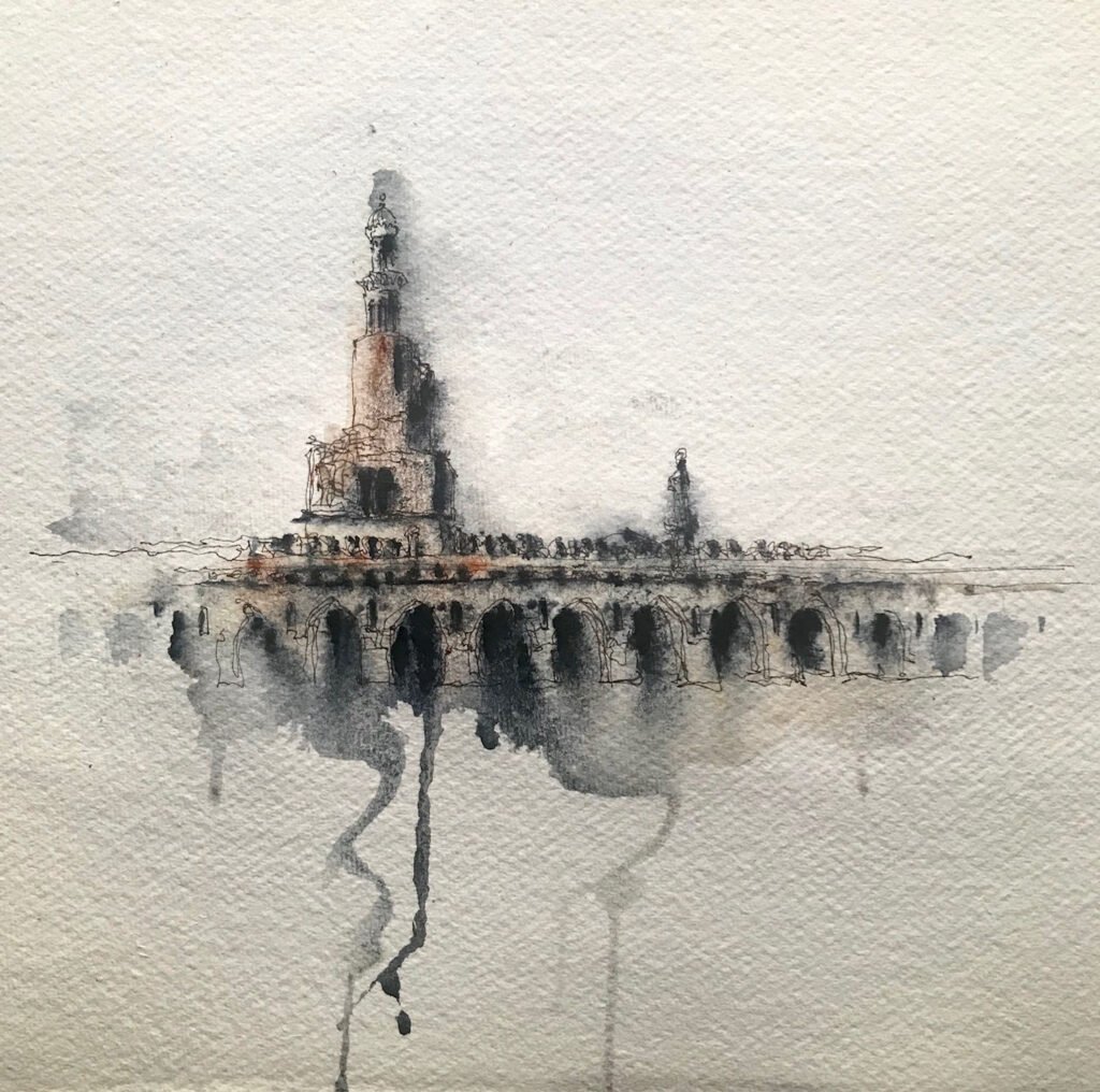 inner yard of Ibn Tulun mosque, Cairo, an original watercolour work by Jurga Vilimaite