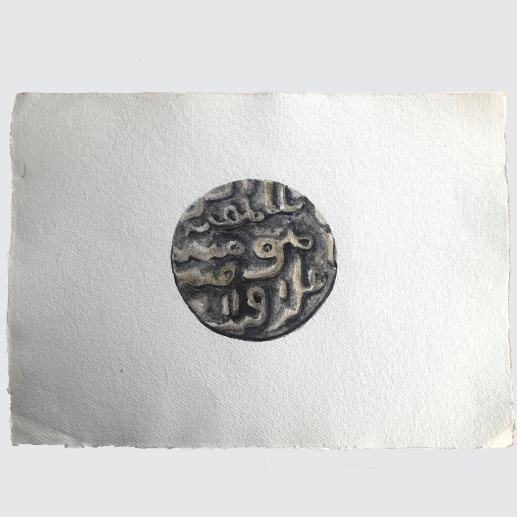 Old Islamic coin, an original watercolour work by Jurga Vilimaite