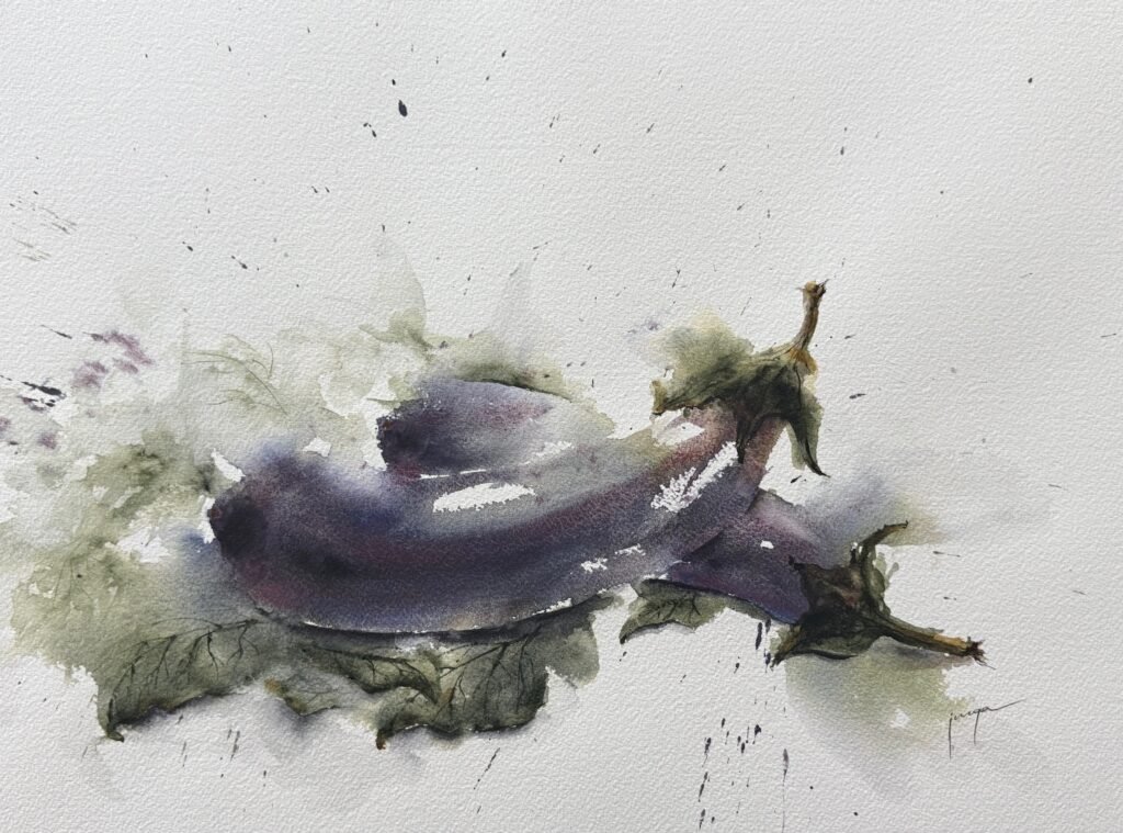 Resting aubergines, an original watercolour work by Jurga Vilimaite